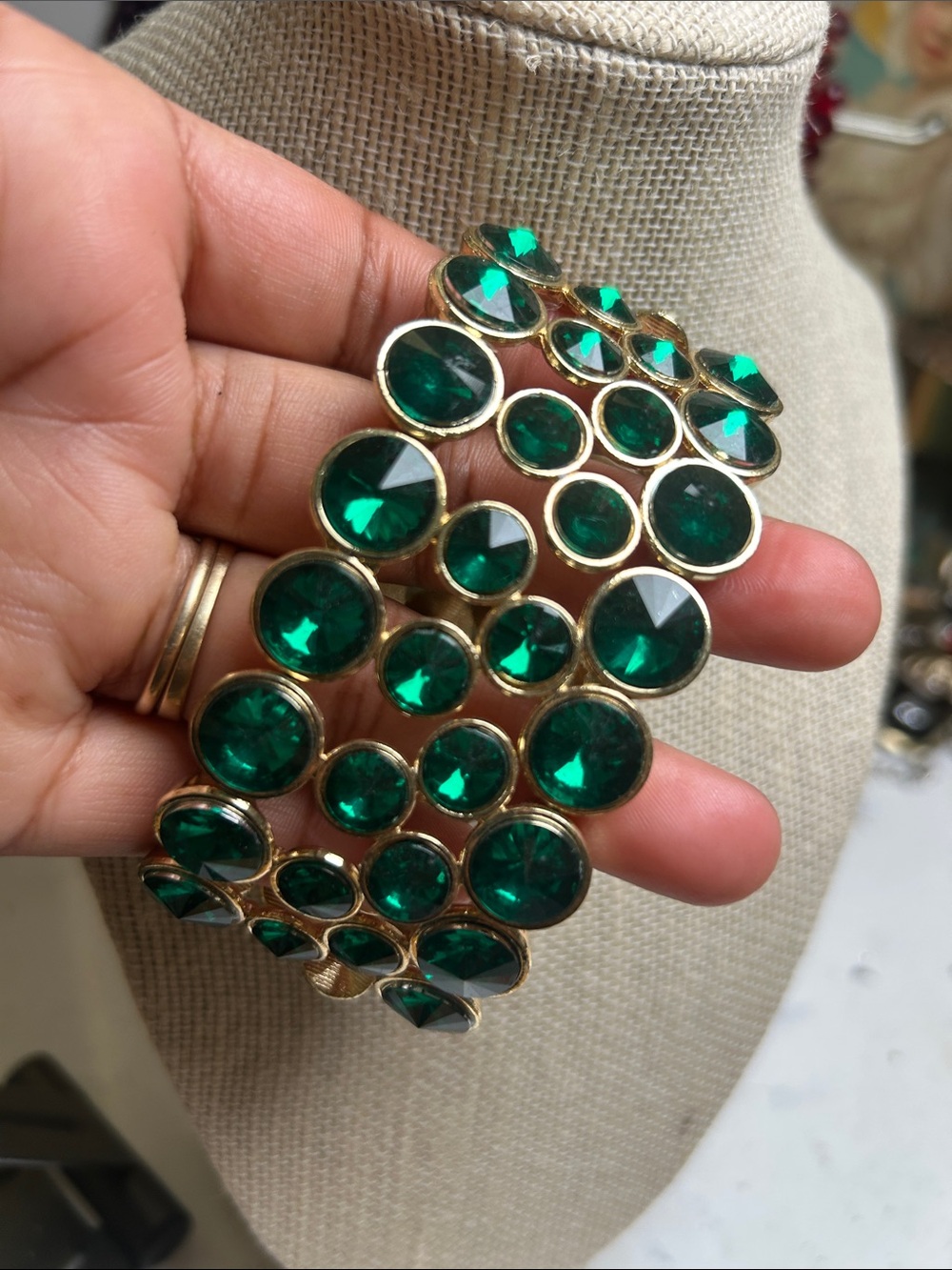Green Crystal Statement Bracelet - Gold Accents
